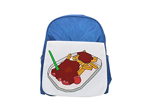 Curry Wurst Sausages and french fries with a curry ketchup sauce and a little plastic fork. printed kid's blue backpack, Cute backpacks, cute small backpacks, cute black backpack, cool black backpack,