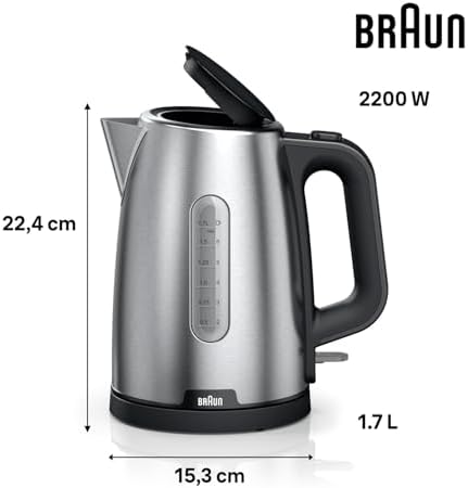 PurShine - Bollitore elettrico, base girevole a 360°, indicatore del livello dell'acqua, stoccaggio del cavo, funzione di spegnimento automatico, capacità 1,7 l, WK1500BK, 2200 W, nero