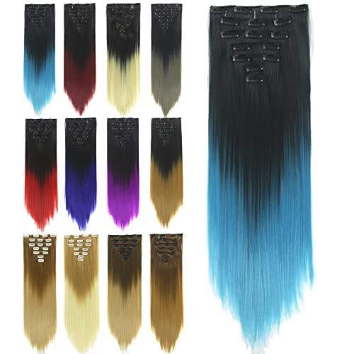IMISSU 24 Inch 7PCS Set Long Straight Clip in Hair Extensions Ombre Color Full Head Hair Extension Hairpiece for Women 120g (Ombre Sky Blue)