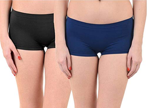 Ritu CreationWomen's Nylon Spandex Mid Rise Full Coverage Boy Short Panties No Panty Lines- Free Size(Pack of 2), Black, Blue