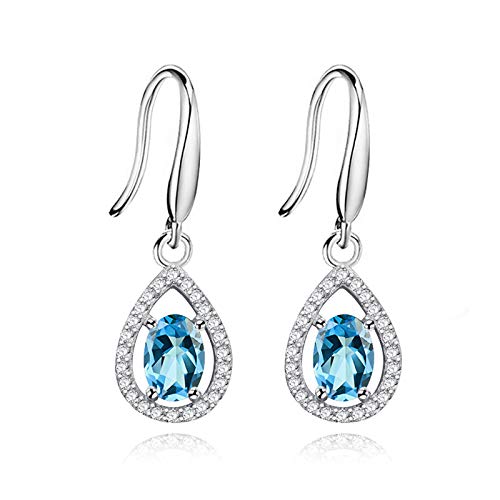 Uloveido Women 925 Sterling Silver Real Oval Blue Topaz Teardrop Dangle Earrings Wedding Birthstone Waterdrop Hook Earrings for Girlfriend (Blue) FR027