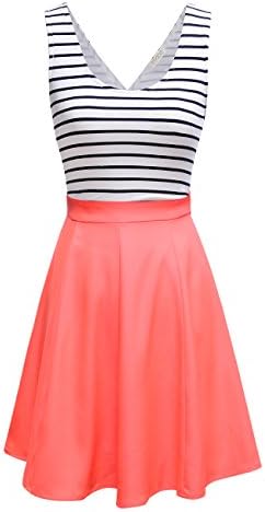 FSOOG Women's Cross Back Sleevless Cocktail Party Striped Casual Tank Mini Dress M CORAL