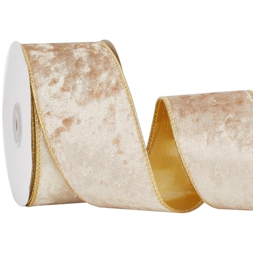 CABODYALS 9.14M Champagne Velvet Ribbon Gold Edged Wired Roll Soft Shiny Backing Fabric Trim Single Face Spool Silky Vintage Polyester Satin Ribbons for Gift Wrapping Christmas Decoration Wreath Craft