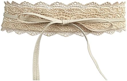 Deacroy Women's Obi Belt Faux Leather Wrap Around Bow Tie Cinch Boho Lace Belt, Beige, 86.6 x 3.9inch