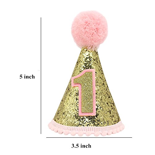 Gold Glitter Sparkle Princess 1st Birthday Cone Hat with Adjustable Headband for Baby Girl Party Supplies(Pink)