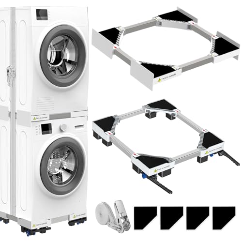 NIUXX Universal Connecting Frame and Base for Dryer and Washing Machine, Adjustable in Size with Ratchet Cable and Transport Wheels with Brake for Washing Machines and Dryers, Space Saving