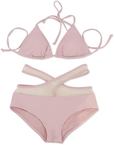 Faerdasi Women's Halter Bandage Meshy Criss Cross High Waist Pink Bikini Set Swimsuit