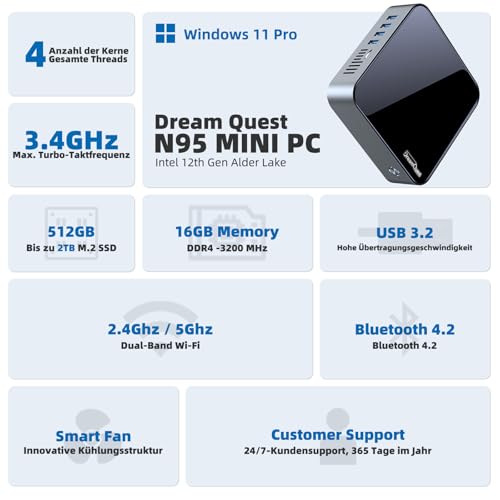 DreamQuest Mini PC Windows 11 Pro Pre-Installed Intel 12th Gen N95 (up to 3.4GHz) 16GB DDR4 RAM 512GB M.2 SSD Micro Desktop Computer, 4K HDMI/USB 3.2/Gigabit Ethernet/WiFi 5/for Business Home Cinema