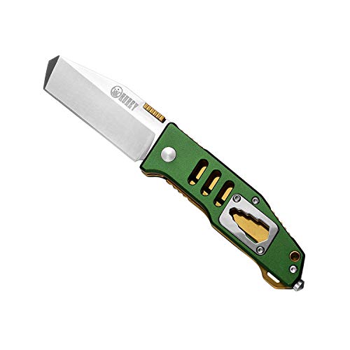 KUBEY EDC Multitool Pocket Folding Knife with Clip,Stainless Steel Tanto Blade,Anodized Aluminum Handle Glass Breaker Opener,3-4/5-Inch Closed (Green Golden)
