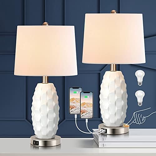 Modern Table Lamps for Bedrooms Set of 2, White Ceramic Bedside Lamps