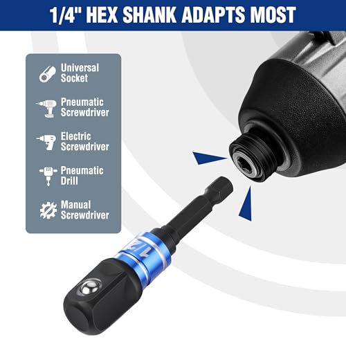WORKPRO Socket Adapter Set 3 Pieces, Socket Adapter for Drill with 1/4 Inch Hex Shank, 1/4 Inch, 3/8 Inch and 1/2 Inch Converter, Impact Wrench Adapter and Screwdriver