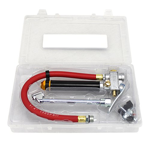 EXELAIR EX0510BKIT Analog Bayonet Tire Inflator Gauge Kit - 13" Air Hose, Dual-Foot Chuck, and Tire Valve Accessories - 120 PSI