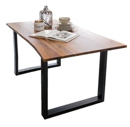 Tisch 140 x 80 cm, Platte Akazie, Gestell Stahl, Platte cognacfarbig antikfinish, Gestell schwarz la