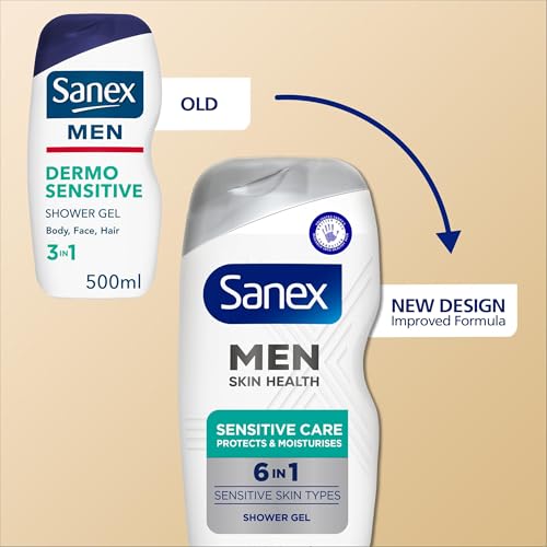 Sanex Men Skin Health Sensitive Care Shower Gel 400ml x 6 - men’s body wash - protects skin - helps reduce risk of irritation - enhances natural hydration - 6-in-1 benefits - dermatologically tested