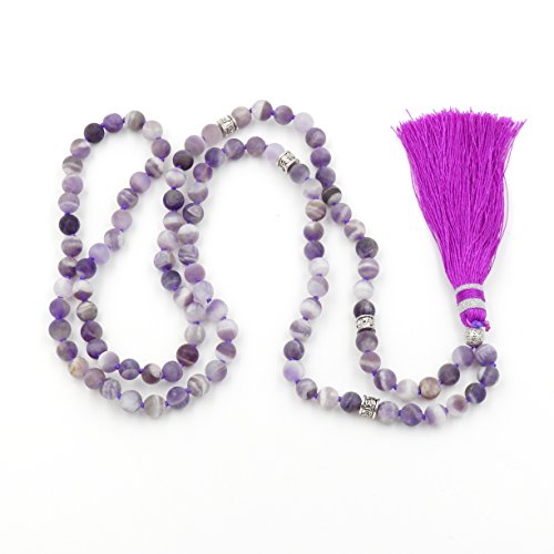 Matte Gemstone Mala Prayer Beads Necklace, tassel necklace, Handmade necklace (Matte Amethyst)