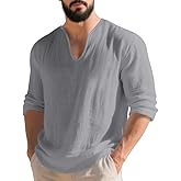 TAFLE Mens Linen V-Neck Shirts Casual Long Sleeve Hippie Yoga Tops Lightweight Summer Beach Shirt