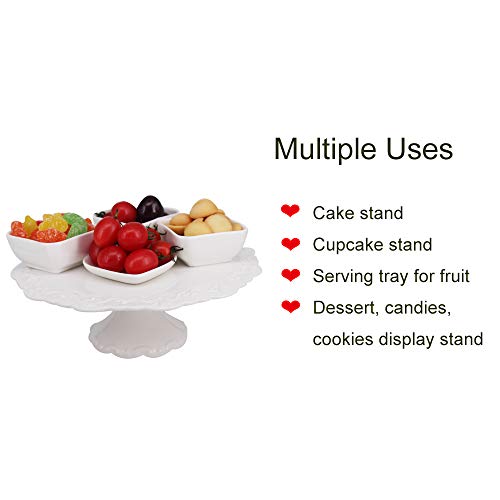 BPFY 10 Inch Round White Ceramic Cake Stand, Decorative Cupcake Stand, Dessert Display Plates for Snacks and Cookies, Floral Embossed Victorian Candy Dish, Baby Shower, Birthday, Wedding Party Decor - Thumbnail 2