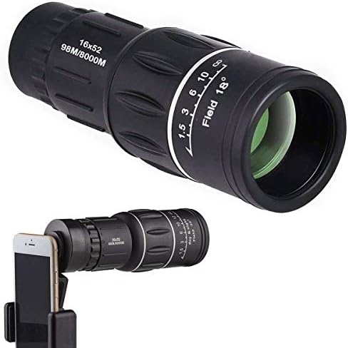 Super Clear 16x52 Monocular Telescope, Dual Focus Optics Zoom Portable Monocular for BirdWatching, Traveling, Outdoors, SightSeeing, sport watching,Climbing(Velvet Bag, Lens cloth, Hand Strap) (Black)
