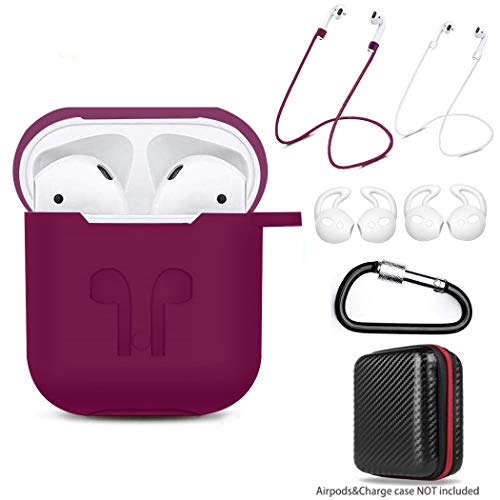 DZANHOT Case 7 in 1 Accessories Kits Protective Silicone Cover and Skin for Charging Case with Ear Hook Staps/Skin/Tips/Keychain Burgundy