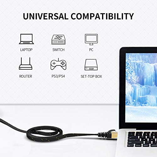 AMPCOM CAT7 Ethernet Cable (10G 600MHz), Shielded Flat RJ45 Network Patch Cord, 50u Gold Plated Lead, Polyester Braided - 16ft Black