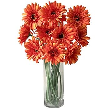 Rae's Garden Artificial Flowers Realistic Fake Flowers Gerbera Daisy Bridal Wedding Bouquet for Home Garden Wedding Party Decorations 10 Pcs (Orange)