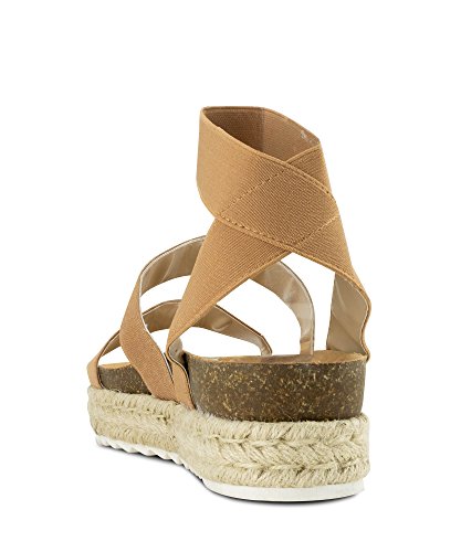 RF ROOM OF FASHION Women's Slide On Espadrille Platform Comfort Ankle Elastic Strap Footbed Wedge Sandal Shoes Camel (10)