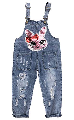 Yao 3-12Years Girls Jumpsuit&Rompers Bib Overalls Bunny Distressed Denim Jeans(Bunny,4-5y)