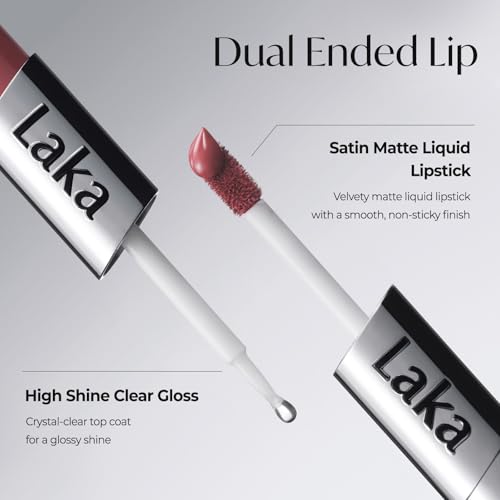 Laka Perfect Twin Lip - Dual-Ended Matte Liquid Lipstick & Clear Gloss | Long Lasting 12 Hour Color, Transfer Proof | High Pigmented Lightweight Non-Sticky | Korean Makeup | #909 Guilty Mauve, 0.31oz