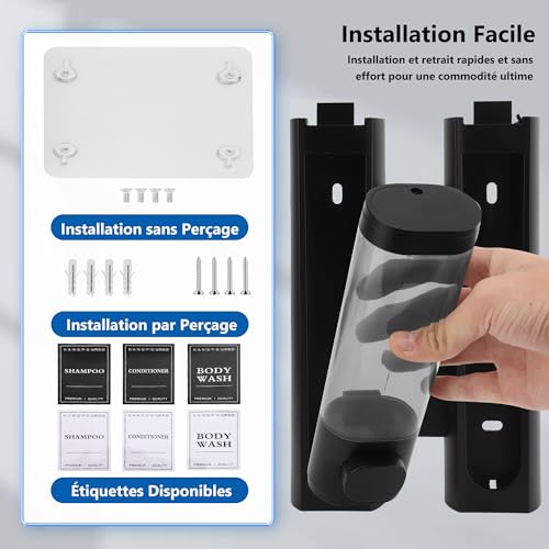 MEKOTRIN Wall Mounted Soap Dispenser, Shower Gel Dispenser, Double Shampoo and Conditioner Dispenser without Drilling ABS for Bathroom, Kitchen, Market, Hotel, Restaurant 300 ml x 2 (Black)