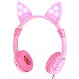 iClever Kids Headphones Over Ear, LED Backlight, Safe Wired Kids Headsets 85dB Volume Limited, Food Grade Silicone, 3.5mm Aux Jack, Cat-Inspired Headphones for Kids, Pink