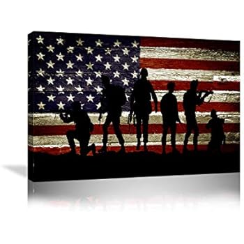 Urttiiyy American Flag Military Soldiers Army Wall Art Canvas Prints Thin Blue Red Line Home Decor Pictures for Living Room Bedroom Painting Framed Ready to Hang - 36''x24''