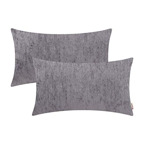 BRAWARM Pack of 2 Comfy Bolster Pillow Covers Cases for Couch Sofa Home Decoration Solid Dyed Striped Soft Chenille 12 X 20 Inches Neutral Gray