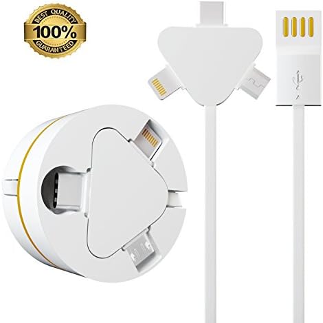 Retractable Charging Cable, Annababy 3.3ft Multi USB Charger 3 in 1 Lightning Micro USB C Cable Multiple USB Charging Cord for iPhone X 8 7 6s 5 iPad Pro, Samsung S8 S7, LG G6 G5, Google Pixel,White