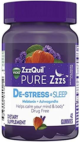 Pure Zzzs De-Stress & Sleep Melatonin with Ashwagandha, Chamomile, Lavender, 42 Gummies (Pack of 2)