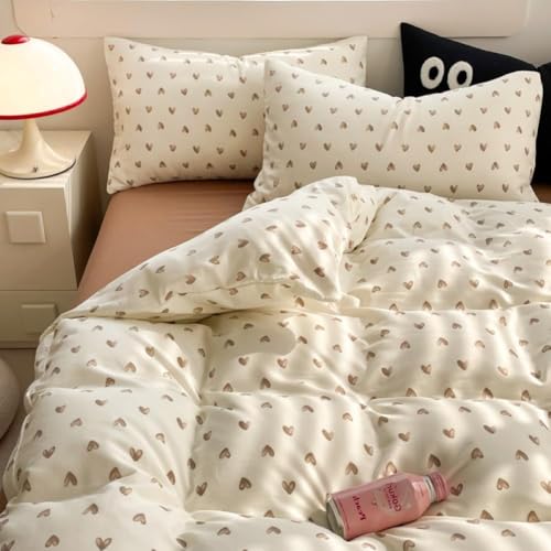 Bettwäsche 200x200 Beige Braun Herzen Bettbezug mit 2 Kissenbezug 80x80