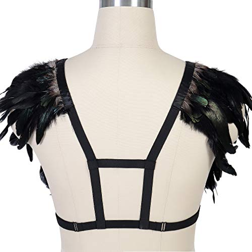 Women Feather Harness Caged Bralette Plus Size Punk Gothic Festival Rave Art Clothing (Black) - Thumbnail 7