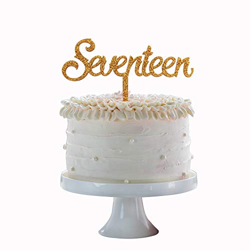 Seventeen Happy Birthday Cake Topper Gold Glitter Acrylic Cake Topper 17 Years Old Party Decoration Gifts.