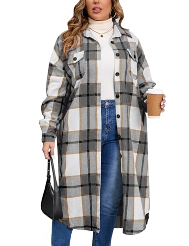 ZOMVA 2025 Women's 0X-5X Plus Size Long Flannel Plaid Shacket Jacket Oversized Button Down Coats Shirts with Pockets, Grey & Brown, XL at Amazon