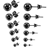 MOWOM Black 3~8mm 12PCS Stainless Steel Stud Earrings Bead Ball Round Set ( 6 Pairs )
