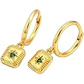 Vintage Square Drop Dangle Small Hoop Earrings for Women Girls 925 Sterling Silver Green CZ Star Charms Drop Dangling Huggie Hoops Cartilage Hypoallergenic Jewelry Gifts Christmas Birthday