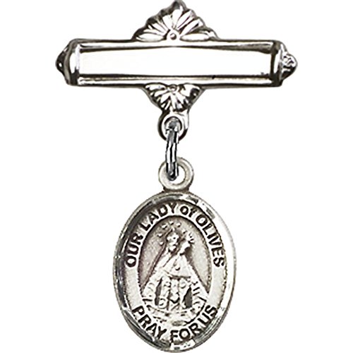 Sterling Silver Baby Badge with Our Lady of Olives Charm and Polished Badge Pin 1 X 5/8 inches