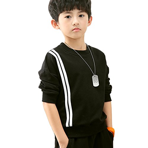 OnlyAngel Kids Boys Two Striped Printed Sweatsuits Crew Neck Top and Elastic Waist Pant Clothing Sets Age 4-12 (9-10 Years, Black) - Thumbnail 4