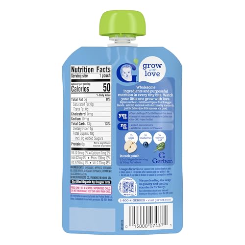 GERBER ORGANIC BABY FOOD POUCHES, 2ND FOODS FOR SITTER, APPLE BLUEBERRY SPINACH, 3.5 OUNCE