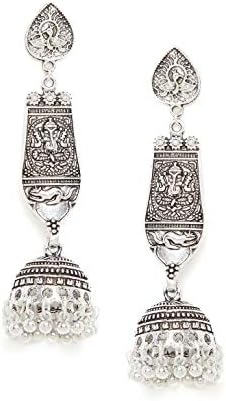 zerokaata Fashion Jewellery Long Oxidized Silver Ganesha Jhumka Earrings for Women & Girls