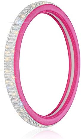 Otostar Luxury Litchi Soft Leather Crystal Steering Wheel Cover, with 3444pcs Premium Bling Bling Full Diamond 15 inch (Hot Pink)
