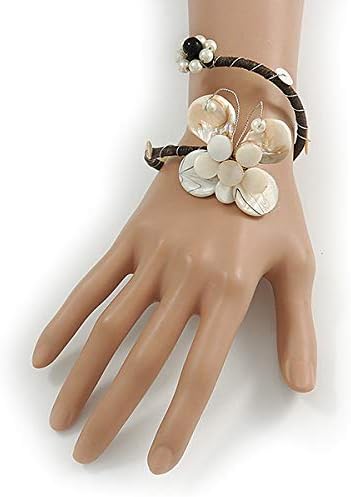 Avalaya Off White Sea Shell Bead Butterfly Silver Wire Flex Cuff Bracelet - Adjustable, White / Ivory, Brown - Image 3