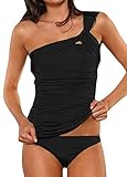 FISACE Women's One Shoulder Ruched Vintage Tankini Set Swimsuit (Large, Black)