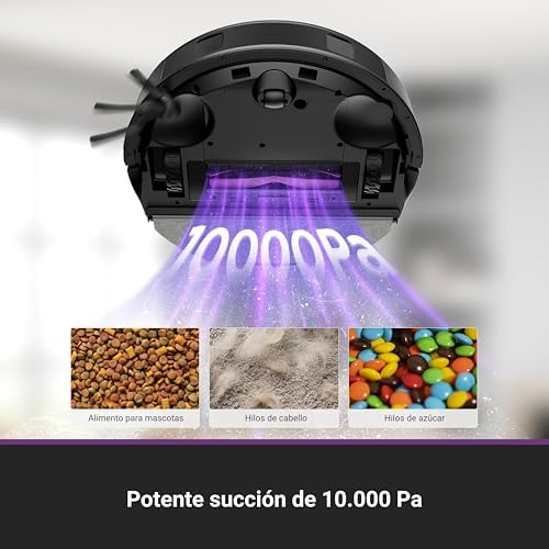 Robot Aspirador Fregasuelos de 10kPa, Aspirador Robot Antienredo, Autolimpieza, Autovaciado, Navegación Láser, Elevador 10 mm, 180 Min, Suelos Duros, Baldosas, Alfombras, E20 EVO Plus Negro