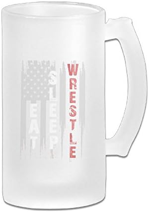 MarthaStill Eat Sleep Wrestling American Flag Vike 16 Oz Frosted Glass Stein Wine Beer Mug