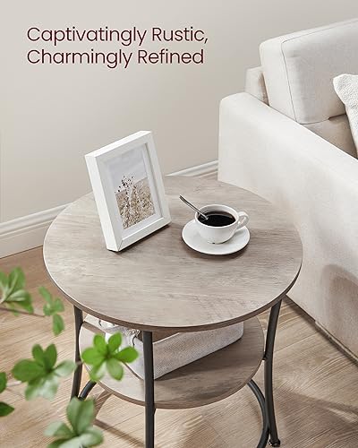 VASAGLE Side Table, 2-Tier Round End Table, Nightstand with Steel Frame for Small Spaces, Living Room, Bedroom, Heather Greige and Ink Black | 2 Shelves